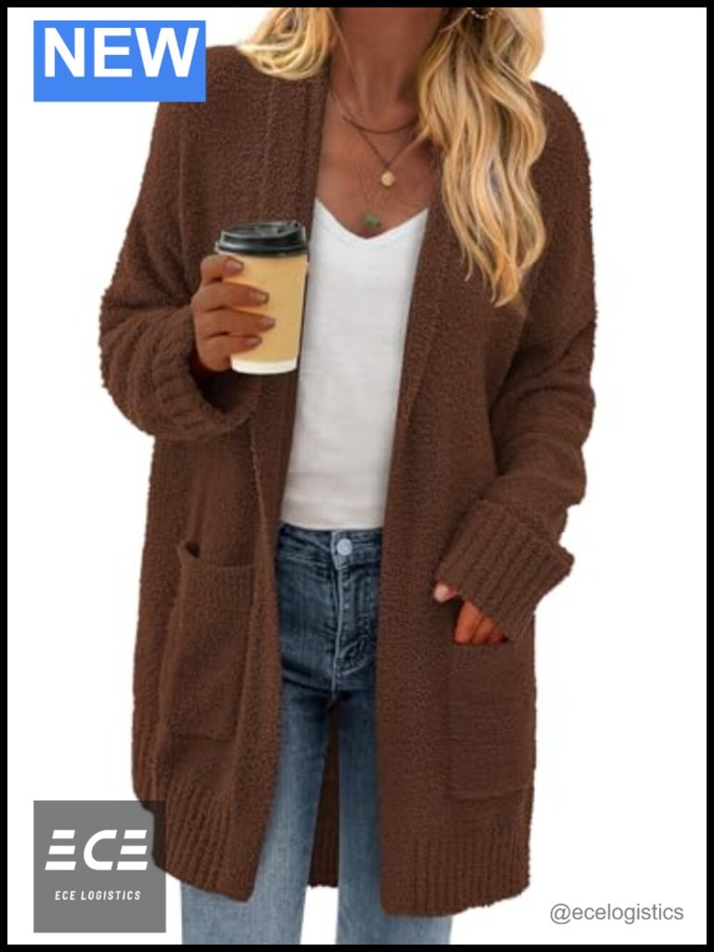Chunky Fuzzy Knit Open Front Cardigan with Pockets